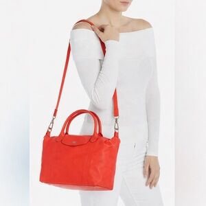 Longchamp Le Pliage Cuir Crossbody Bag, Lamb Leather, Small, Coral Orange Red